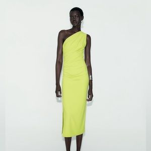 Zara drapped fitted asymmetrical dress neon yellow